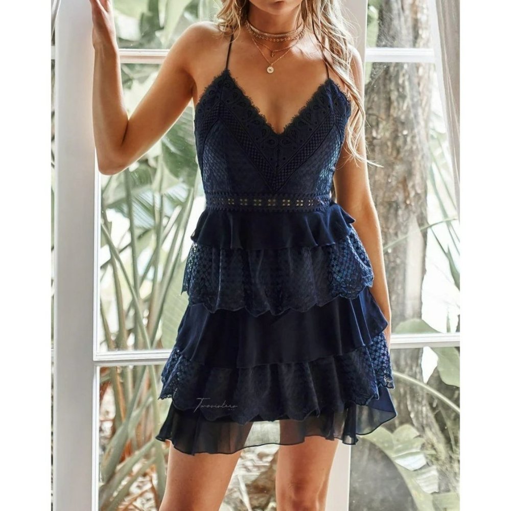 Twosisters Navy Lace & Chiffon Tiered Ruffle Mini Dress With Strappy Back Design